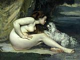 Gustave Courbet Canvas Paintings - Nude woman with a dog